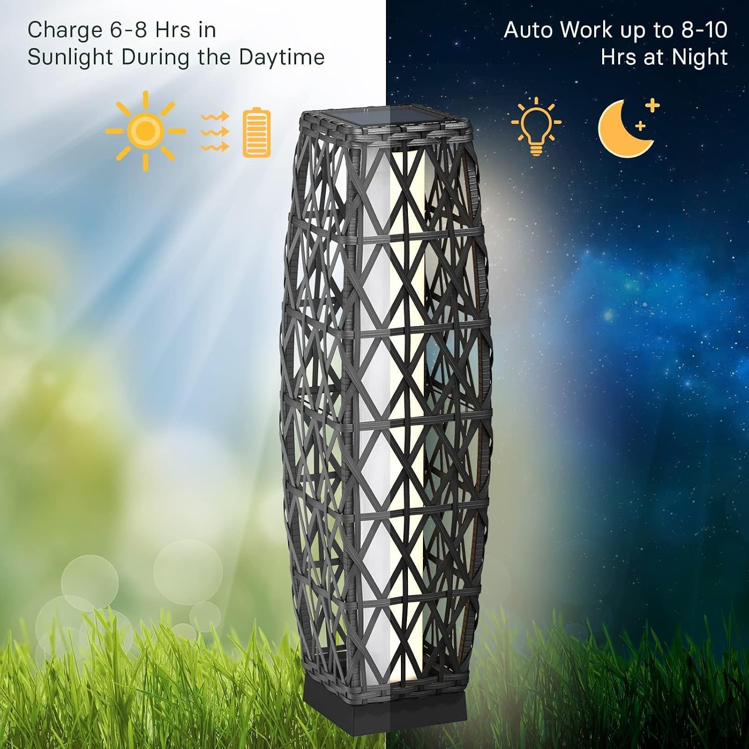 Grand patio 2-Piece Solar Outdoor Floor Lamp Solar Powered Wicker Lantern Outdoor Weather-Resistant Deck Light for Garden Porch Yard-Silver Gray, Large Cindy