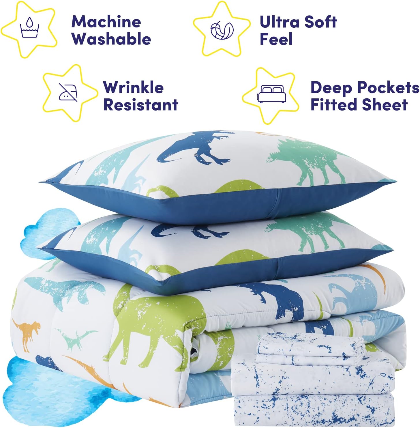 Kids Bedding Set Bed in a Bag for Boys and Girls Toddlers Printed Sheet Set and Comforter, Twin, Dinosaur (Pack of 4)