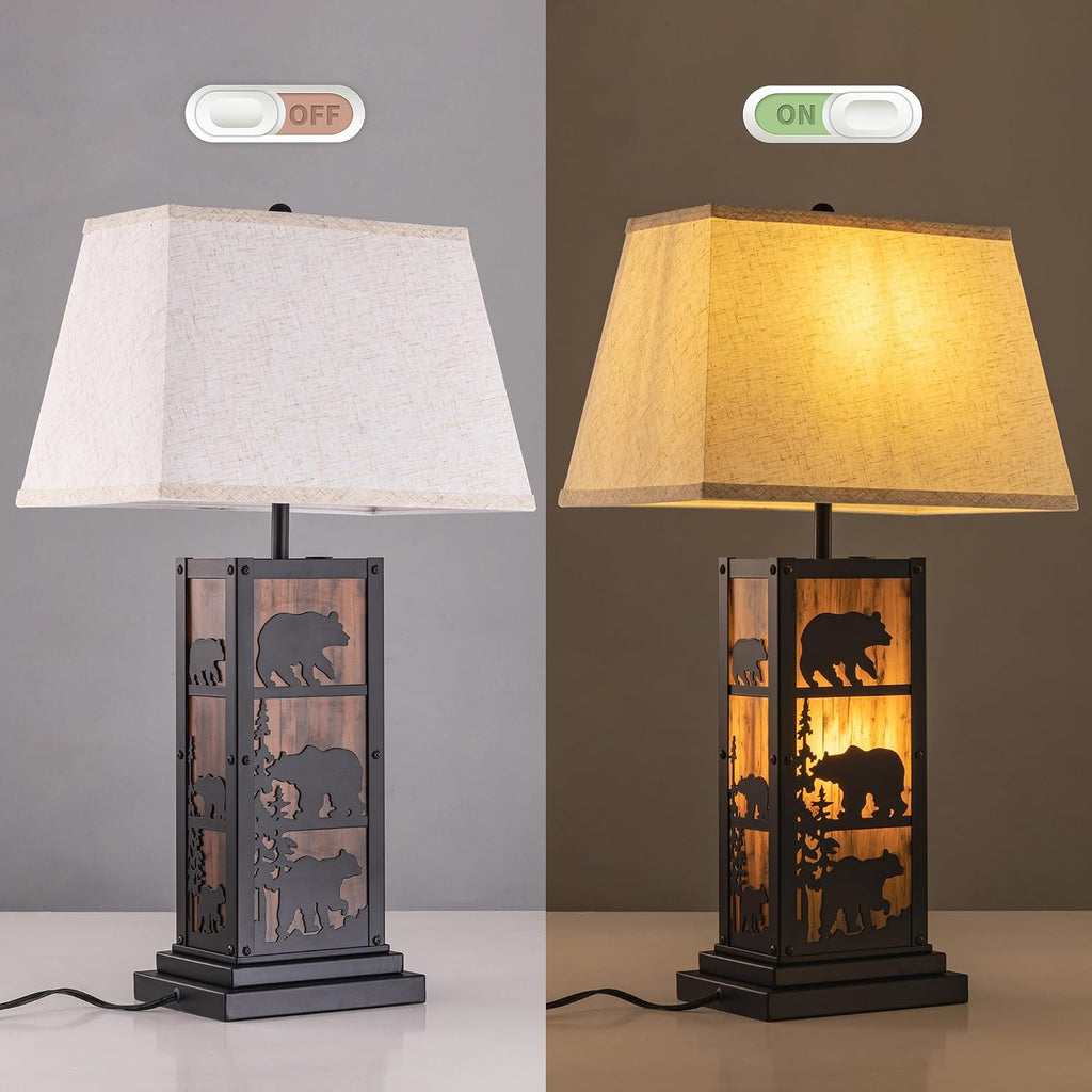 Wellmet Black Farmhouse Table Lamp, 2 Lights Bedside Lamp for Living Room, 27.5in Tall Vintage Nightstand Lamp, Touch Control Table Lamp with LampShade for Bedroom, Office(E26 Base)