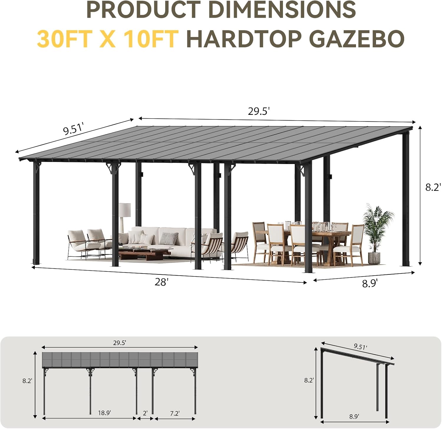 Aoxun 30'x10' Gazebo, Wall Mounted Gazebos Pergola on Clearance, Outdoor Patio, Large Wall-Mounted Heavy Duty Awnings for Patio, Decks, Backyard (Black)