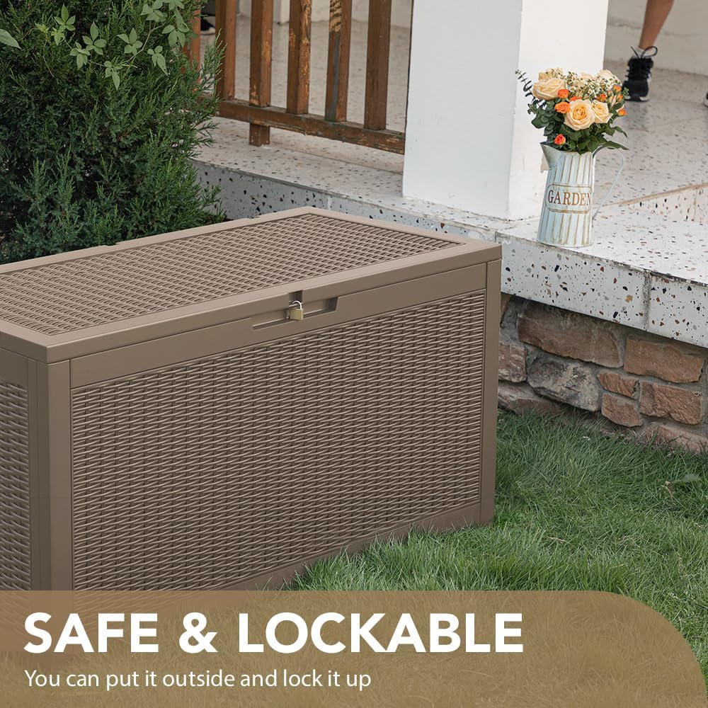 Devoko 95 Gallon Deck Box Large Resin Outdoor Storage Box, Waterproof and UV Resistant Lockable for Outdoor and Patio, Large Storage Cabinet for Patio Furniture, Tools and Pool Supplies, Light Brown