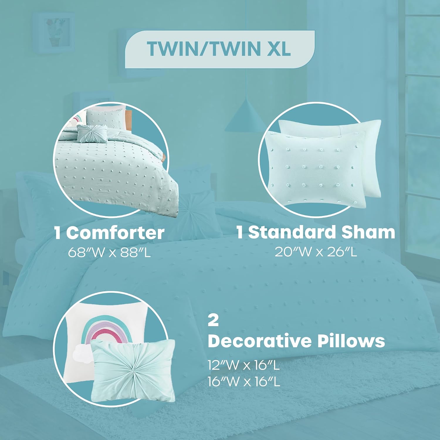 Intelligent Design Kids Callie Cotton Jacquard Weave Colorful Pom Pom Kids Comforter sets, Down Alternative Shabby Chic All Season Girls Bedding, Bedroom Decor, Twin/Twin XL, Aqua 4 Piece