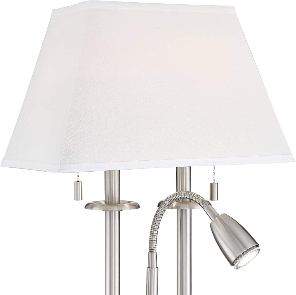 Possini Euro Design Dexter 26' High Modern Table Lamp with USB Charging Ports A+C and AC Power Outlet in Base Brushed Nickel LED Reading Light White Linen Shade Bedroom Living Room House Desk