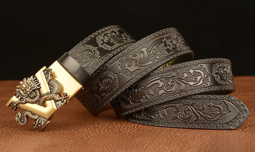 Mens Ratchet Leather Belt, Genuine Leather belts, Engraved Vintage Dragon Eagle Tiger Buckle, Business leisure belt
