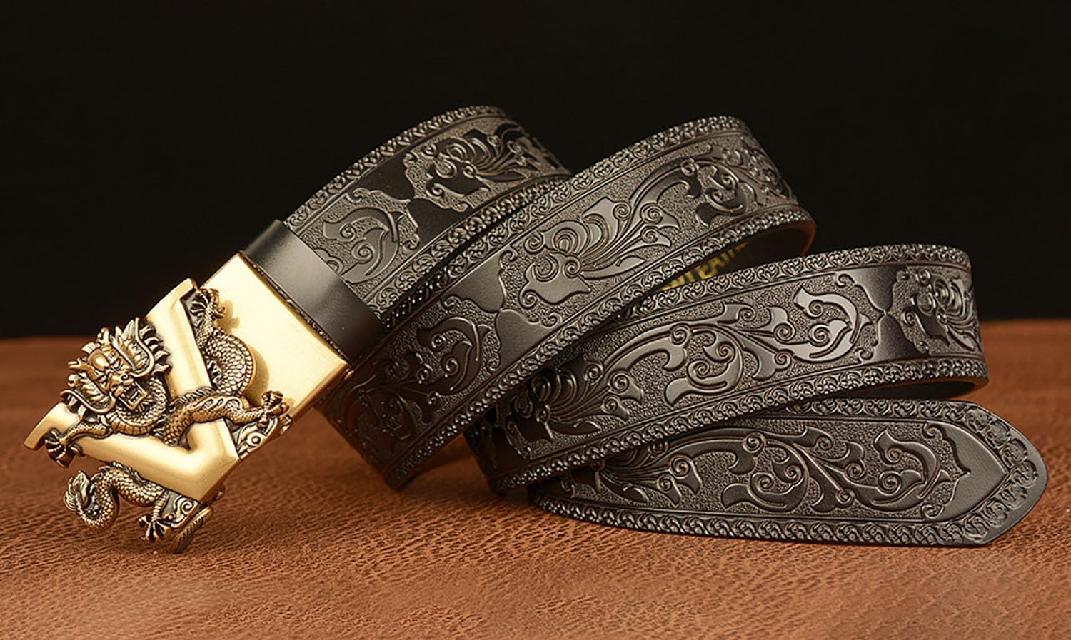 Mens Ratchet Leather Belt, Genuine Leather belts, Engraved Vintage Dragon Eagle Tiger Buckle, Business leisure belt