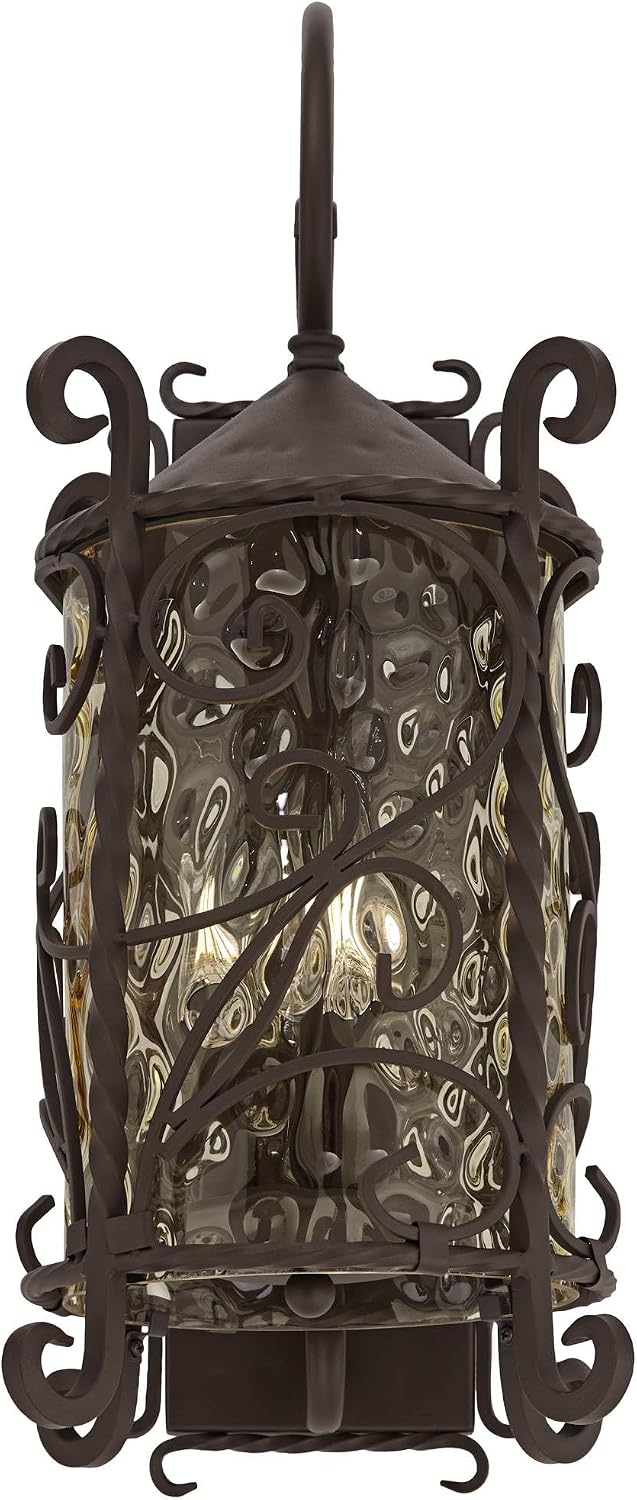 John Timberland Casa Seville Rustic Outdoor Wall Light Fixture Lantern Dark Walnut Iron Scroll 23 3/4' Hammered Glass Decor for Exterior House Porch Patio Outside Deck Garage Front Door Home
