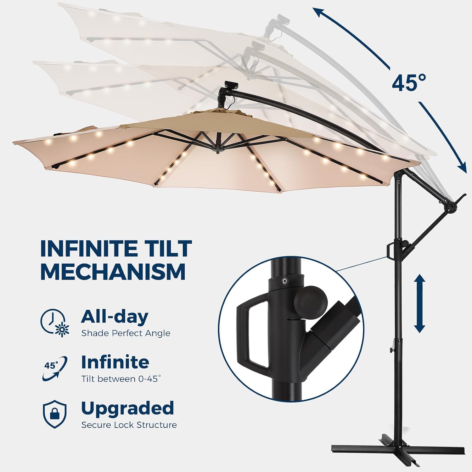 HOMSHADE 10ft Solar Lights Offset Cantilever Patio Umbrella - with Light and Base, LED Lighted Offset Hanging Patio Outdoor Market Umbrella UPF50+ UV Protection with Easy Tilt and Crank (Beige)