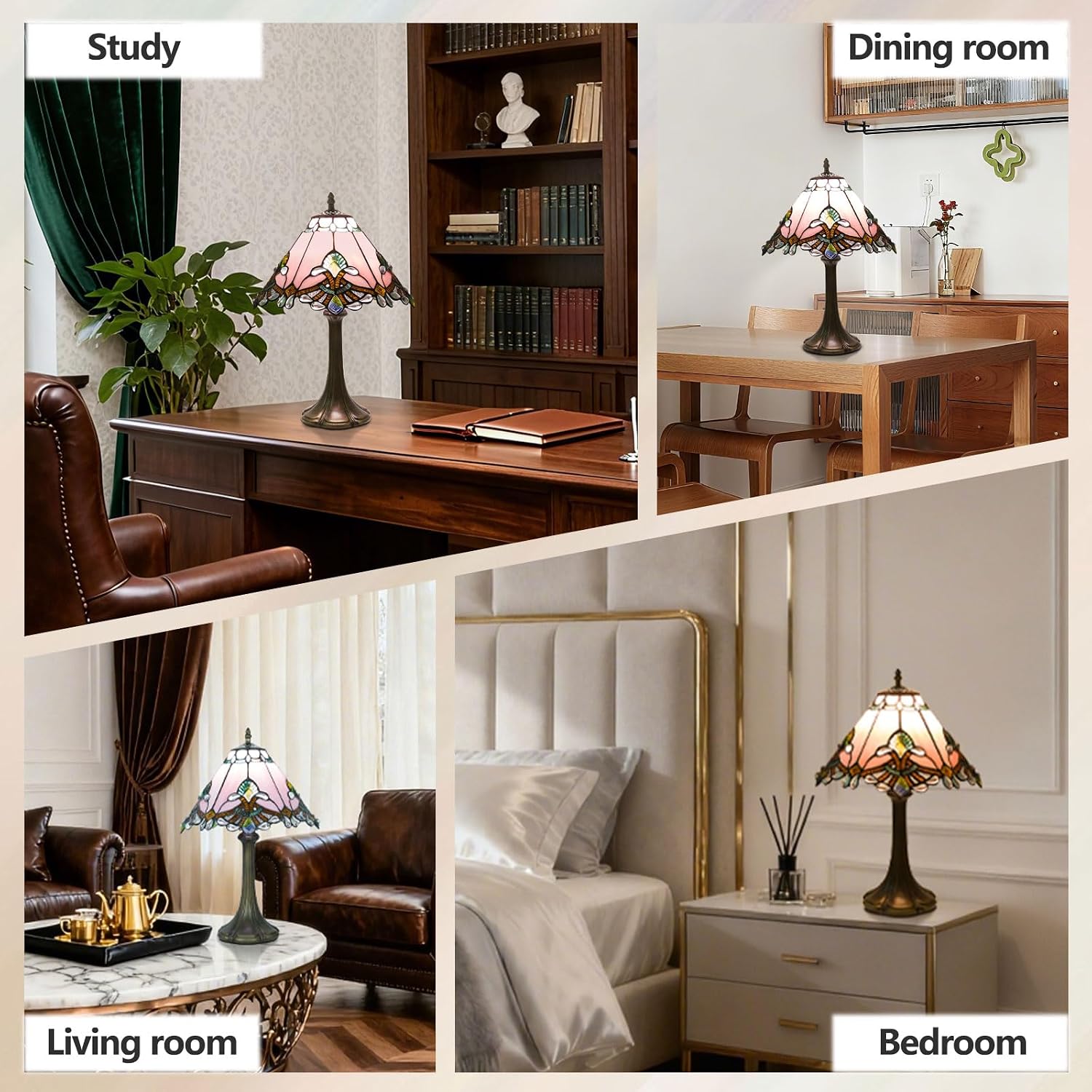 Tiffany Style Table Lamp, Small Stained Glass Lamp for Bedside, Bedroom, Nightstand, Living Room, 12 Inch Mini Vintage Light Included E26 Bulbs with Remote Control (Pink Umbrella)