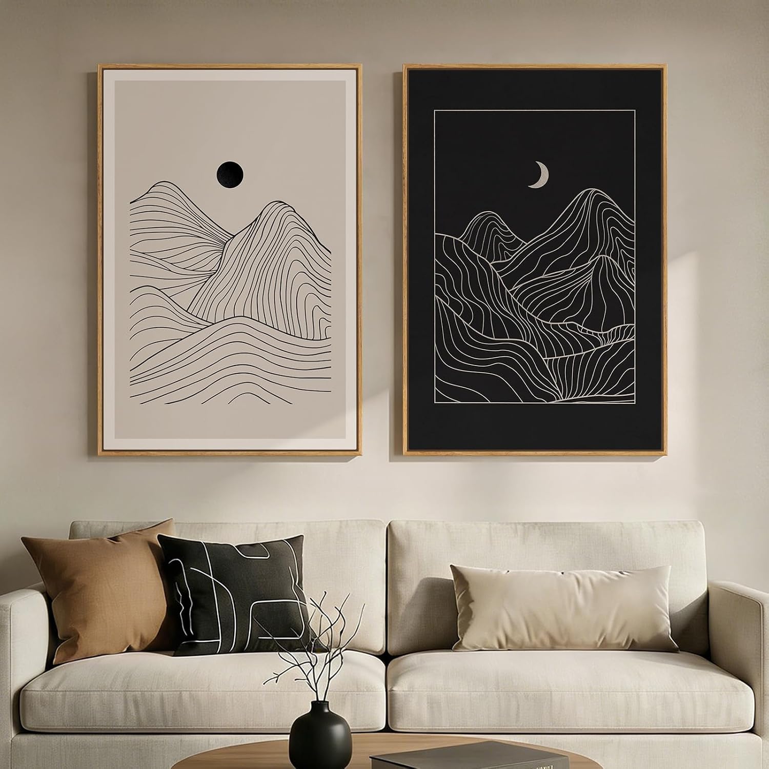 Large Framed Black and Beige Neutral Abstract Wall Art for Living Room, Set of 2 Modern Canvas Prints Paintings Artwork for Walls, Mountain and Moon Pictures for Bedroom Hallway Wall Decor 24x36 In