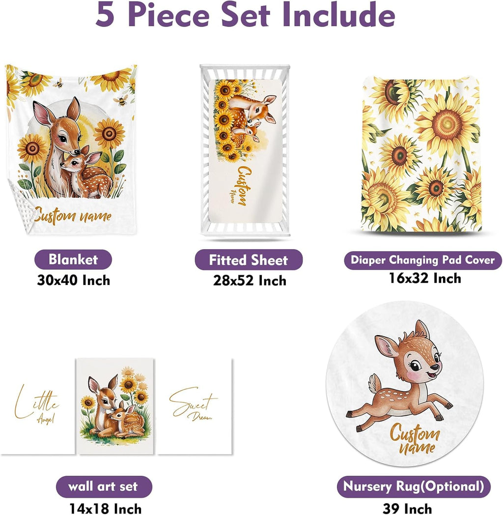 Personalized Crib Bedding Set for Baby Girls, Custom Name Baby Crib Sets 5-Pcs Include Toddler Double Layer Blanket Fitted Sheet Changing Pad Cover Rug Wall Art Set, Sika Deer Pattern Nursery Décor