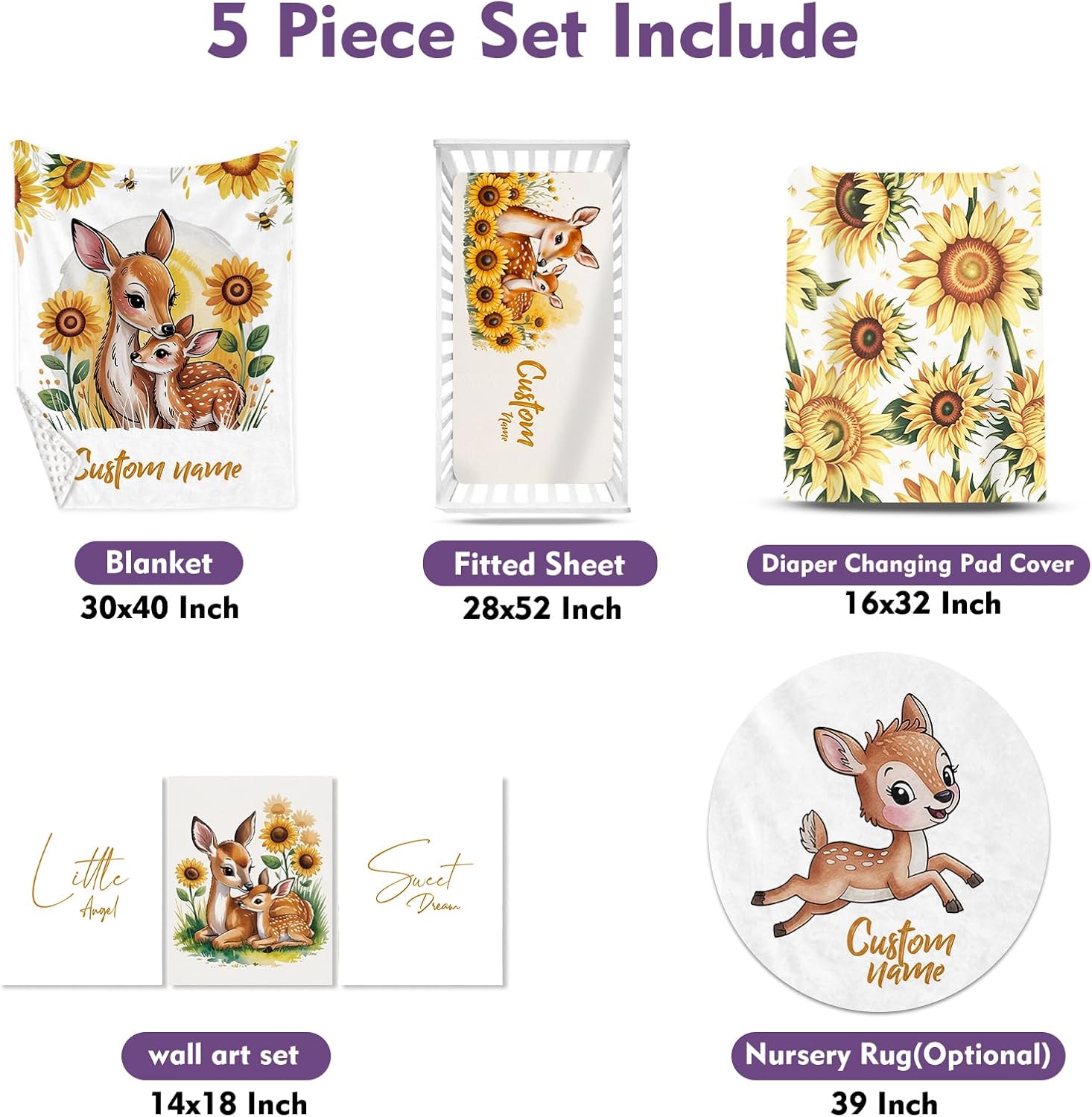 Personalized Crib Bedding Set for Baby Girls, Custom Name Baby Crib Sets 5-Pcs Include Toddler Double Layer Blanket Fitted Sheet Changing Pad Cover Rug Wall Art Set, Sika Deer Pattern Nursery Décor