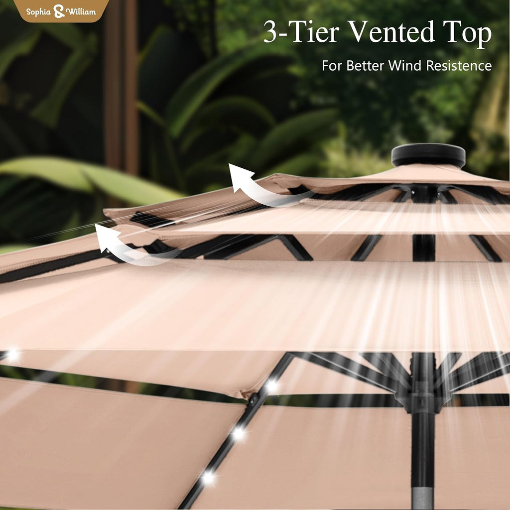 Sophia & William 10ft Patio Umbrellas 3-Tier Umbrella Outdoor Patio Umbrellas with Lights Vented Top 24 LED lights Adjustable Tilt for Pool Garden Backyard, Beige