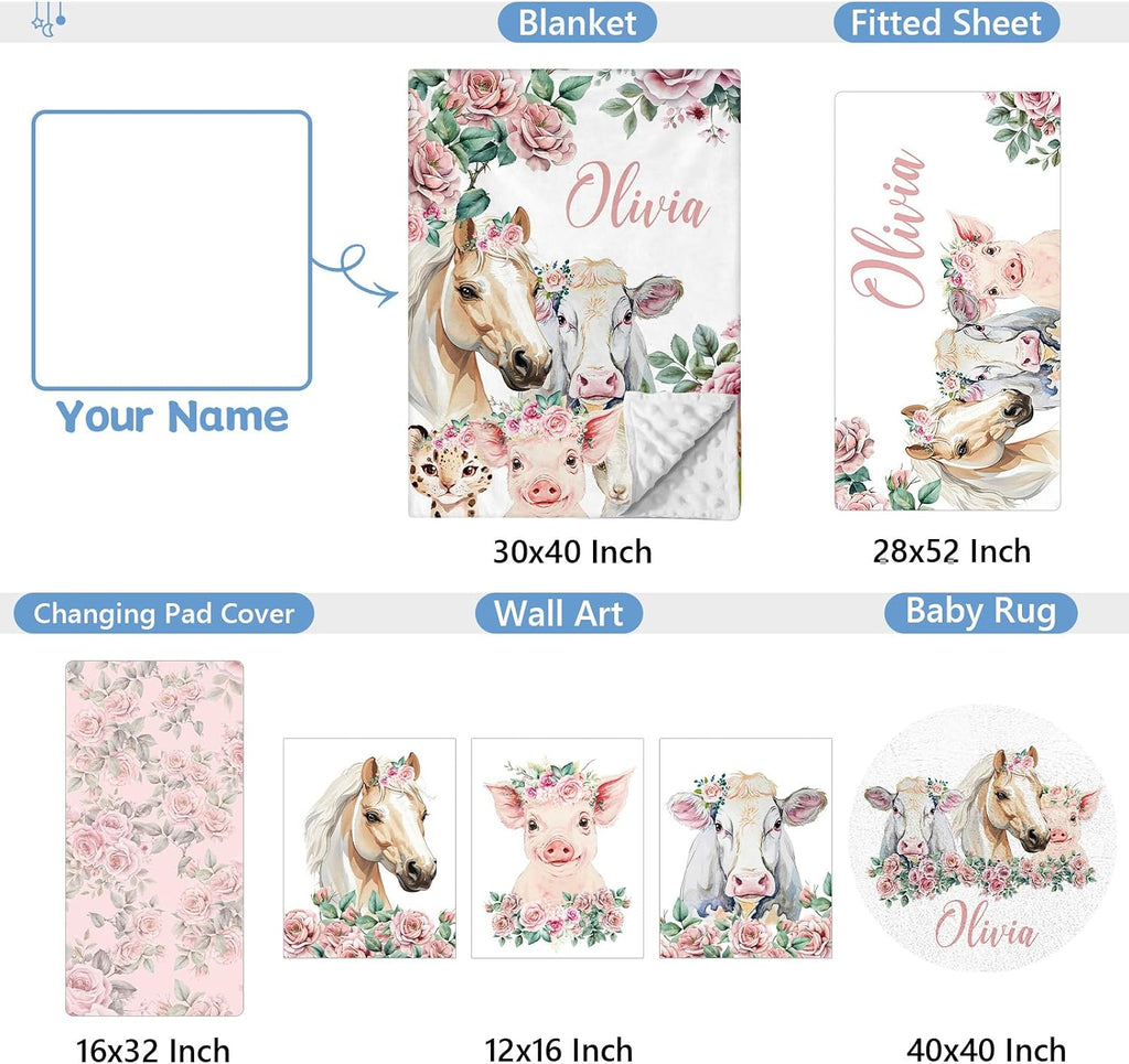 KAINSY Personalized Floral Animal Crib Bedding Set, 5 Pcs Custom Baby Crib Set with Name, Double Layer Nursery Bedding Set, Soft Baby Bedding Crib Set for Girls, Customized Gift for Toddler Infant