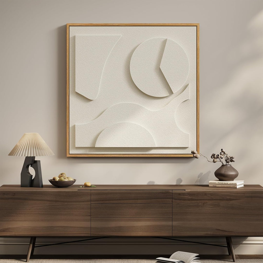 Large 3D Textured Framed White Abstract Wall Art, Square Modern Paintings Artwork for Walls, Minimalist White Geometric Block Pictures for Living Room Bedroom Office Hallway Wall Decor 30x30 In