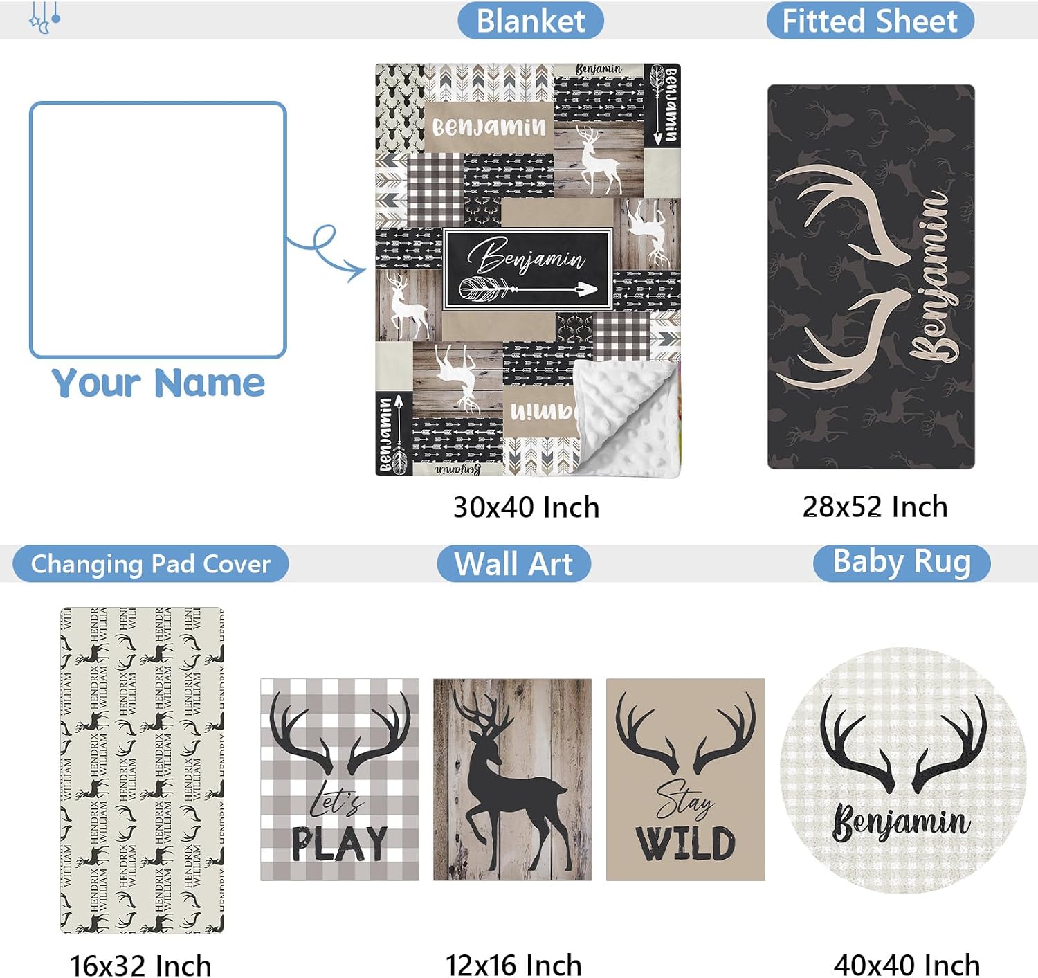 KAINSY Personalized Woodland Deer Crib Set - 5 Pcs Nursery Bedding Set With Double Layer, Soft Bedding Sets For Boys, Girls, Toddlers, Infants