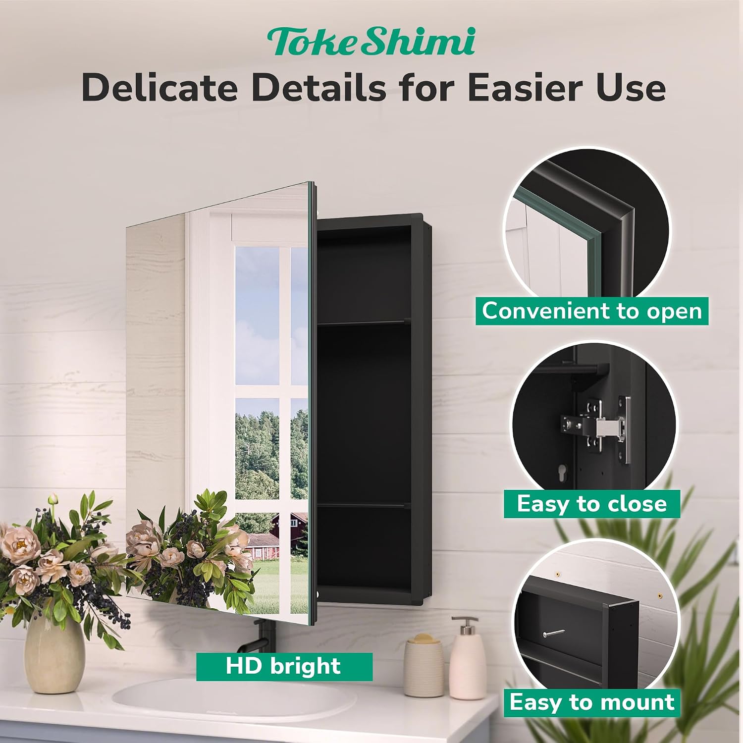TokeShimi 24 x 32 Mirrored Medicine Cabinet Recessed or Surface Mount, Aluminum Tempered Bathroom Medicine Cabinet with Mirror with Storage Black Stepless Adjustable Metal Shelves Farmhouse