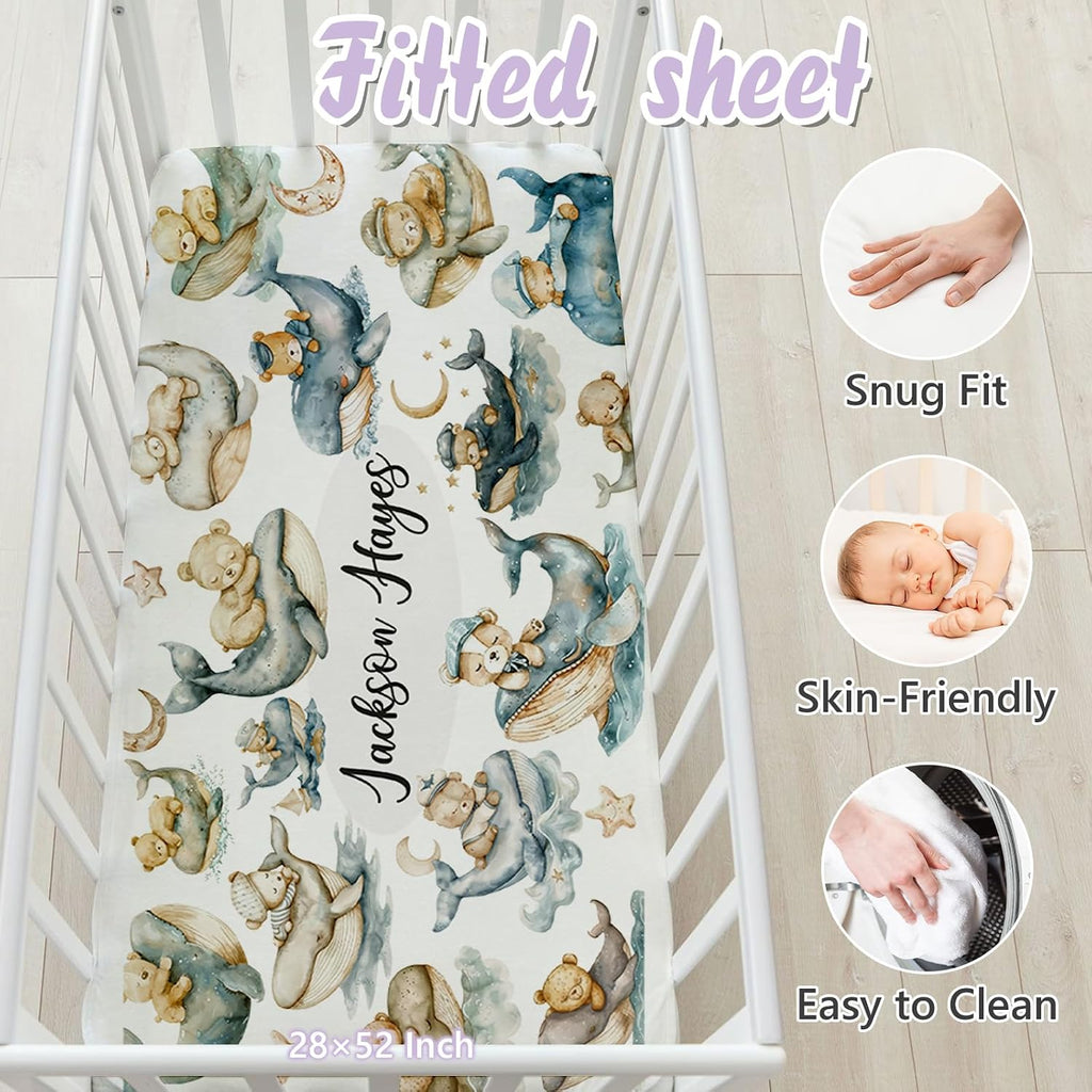 Custom Baby Crib Bedding Set, 5 PCS Personalized Name Baby Crib Sets for Girls Boys, Sleeping Bear Theme Nursery Bedding Sets for Infant Toddler, Double Layer Flannel Bed Set Customized Gifts