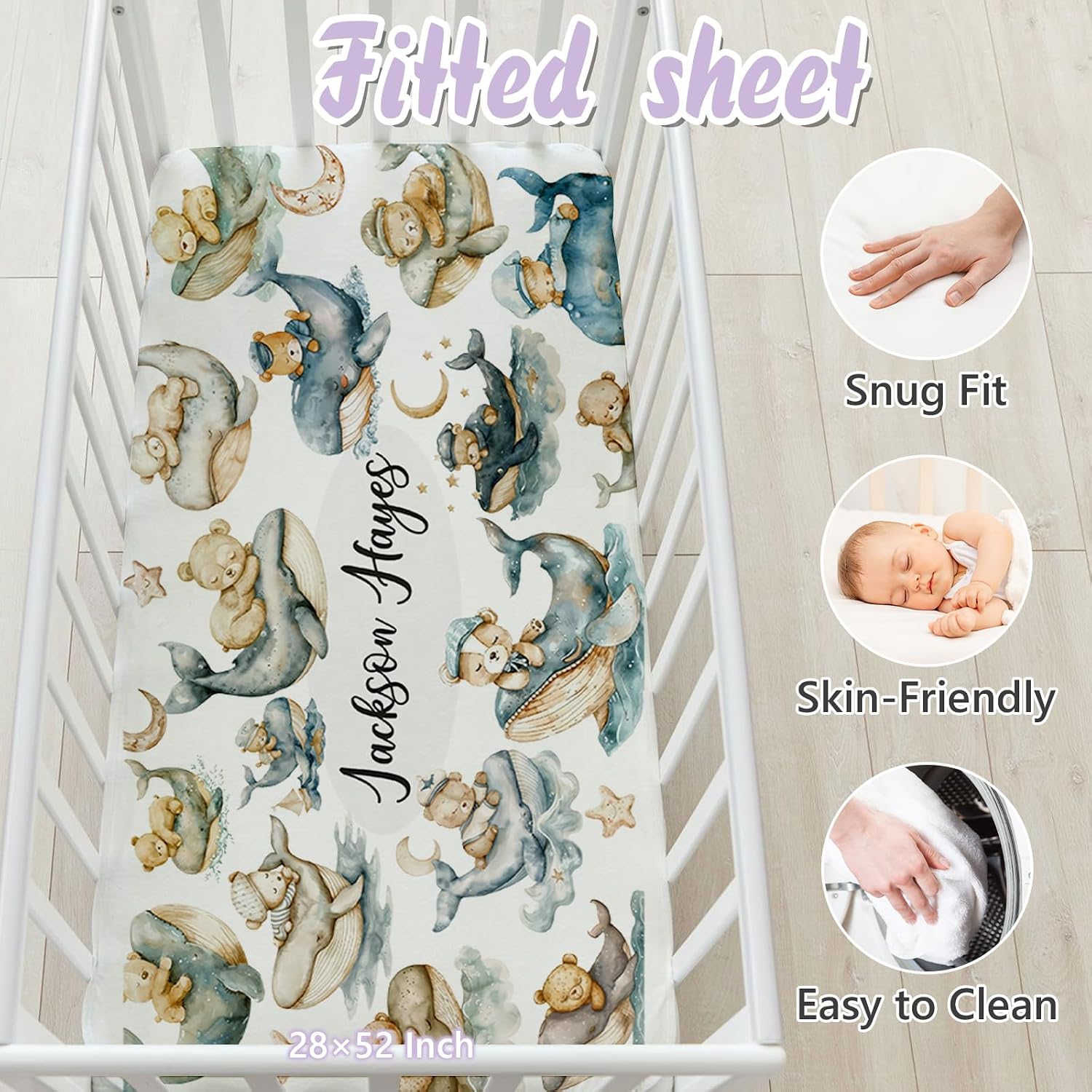 Custom Baby Crib Bedding Set, 5 PCS Personalized Name Baby Crib Sets for Girls Boys, Sleeping Bear Theme Nursery Bedding Sets for Infant Toddler, Double Layer Flannel Bed Set Customized Gifts