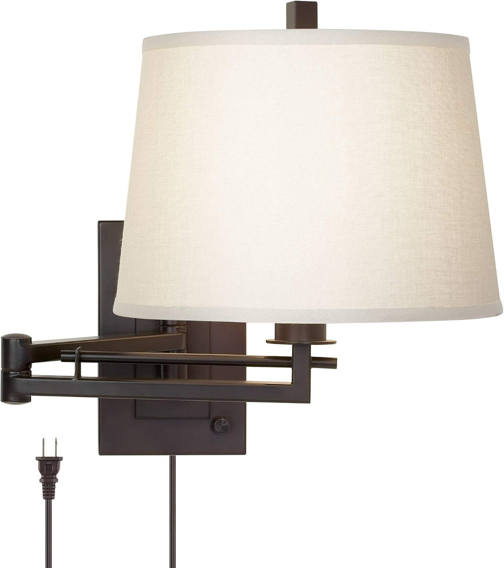 Franklin Iron Works Easley Modern Swing Arm Adjustable Wall Lamp with Cord Matte Bronze Brown Plug-in Light Fixture Dimmable Fabric Drum Shade for Bedroom Bedside Living Room Reading Kitchen