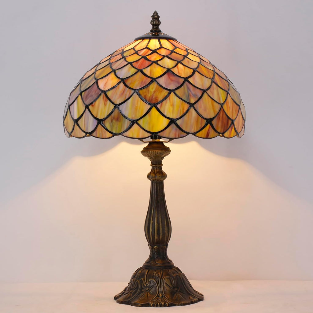 Tiffany Lamp Touch Control Table Lamp Yellow Green Stained Glass Desk Lamp 12X12X19 Inches Fish Scales Style Reading Light