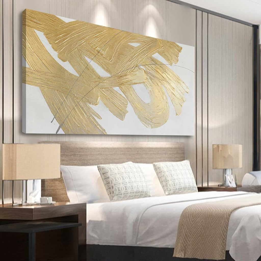 XIANSHOU Wall Decorations for Living Room Gold and White Abstract Canvas Art Oil Painting Large Minimalist Decor Wall Art for Office Bedroom Home 29'x 58'