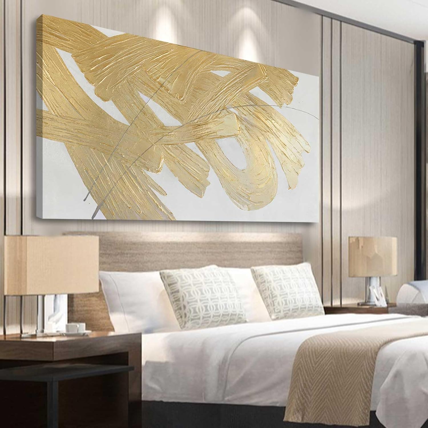 XIANSHOU Wall Decorations for Living Room Gold and White Abstract Canvas Art Oil Painting Large Minimalist Decor Wall Art for Office Bedroom Home 29'x 58'