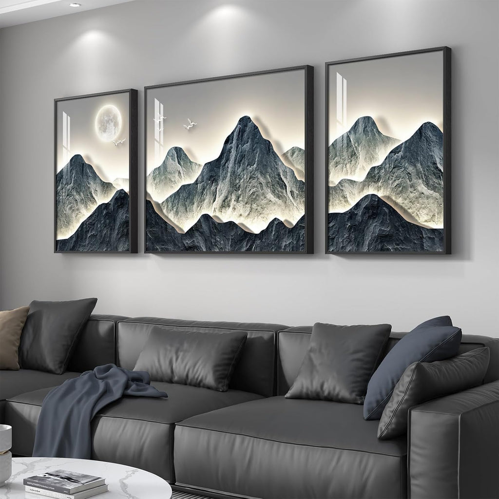 Framed Modern Mountain Wall Art for Living Room, 3 Piece Blue Luxury Bright Style Painting Prints, Landscape Moon Artwork for Dining Room Hallway Home Office Wall Decor