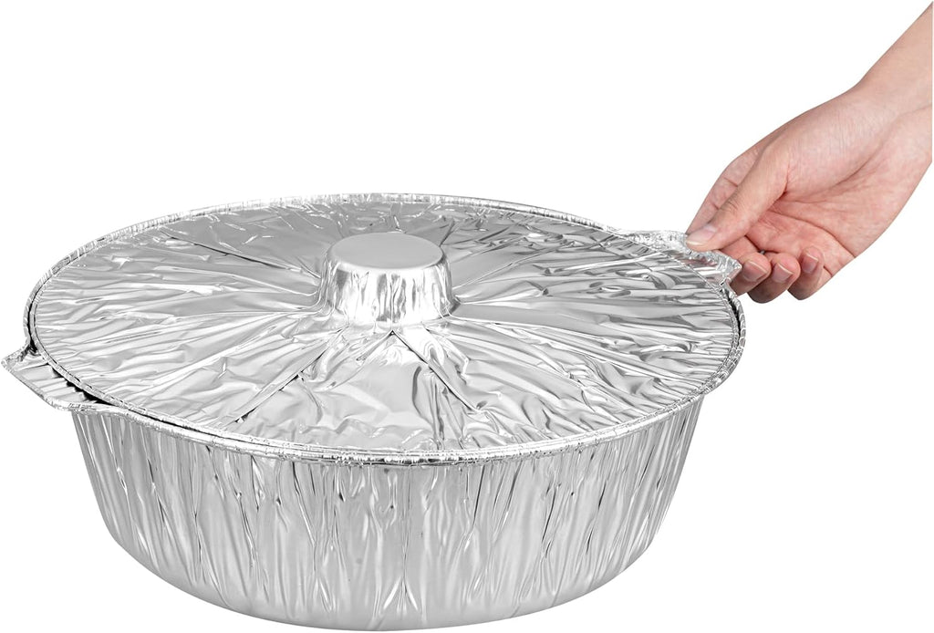Foil Lux 8.5 Quart Pans And Lids, 50 Disposable Pots With Lids - Oven-Ready, Stove Compatible, Aluminum Foil Baking Pans, Freezable, For Outdoor Camping, Vacation, Picnic, And More - Restaurantware