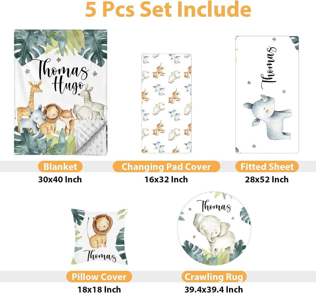 Custom Baby Crib Bedding Set - 5 Piece Nursery Crib Set Woodland Animals Design - Personalized Name Blanket with Dotted Backing, Crib Sheet, Changing Pad Cover, Pillow Cover, Rug for Newborns Color02