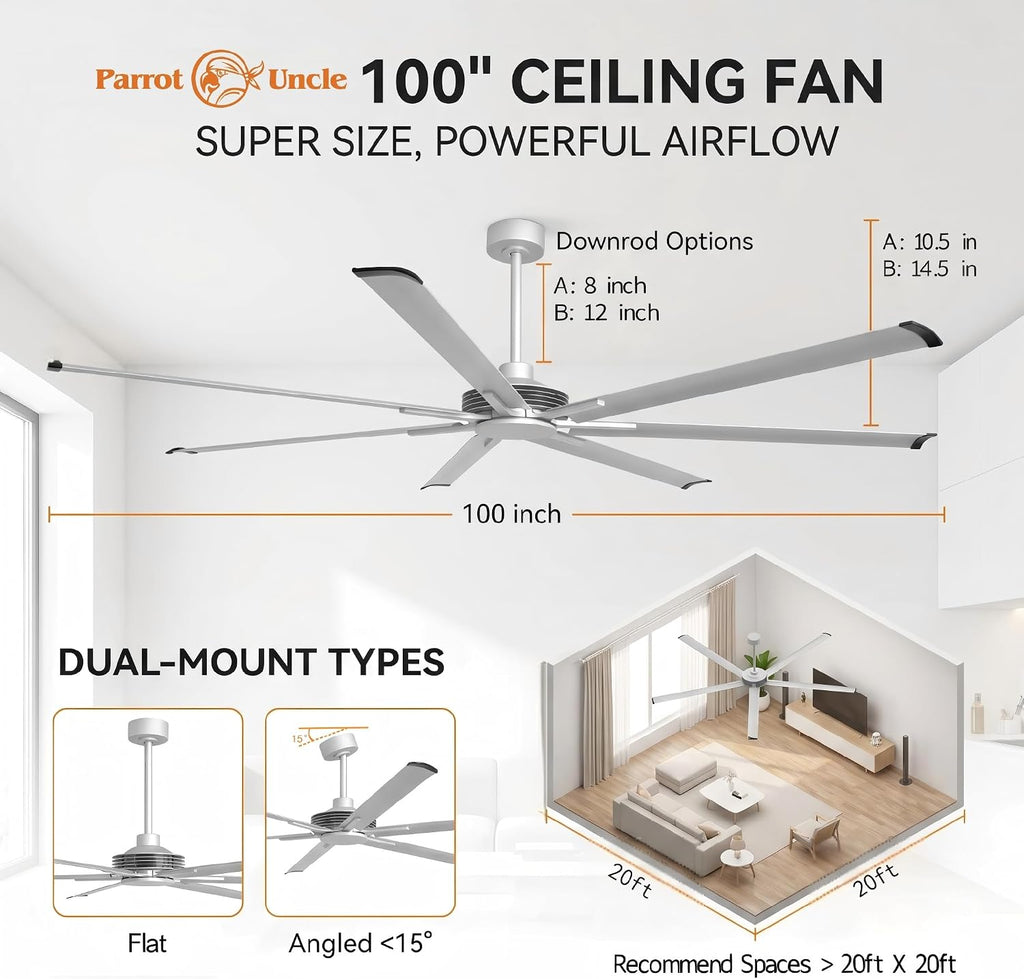 100 Inch Industrial Ceiling Fans with Remote Control Big Ceiling Fans without Lights for Living Room Shop Garage Bedroom, 6-Speed Reversible DC Motor Commercial Fans, Timer, Satin Nickel Finish