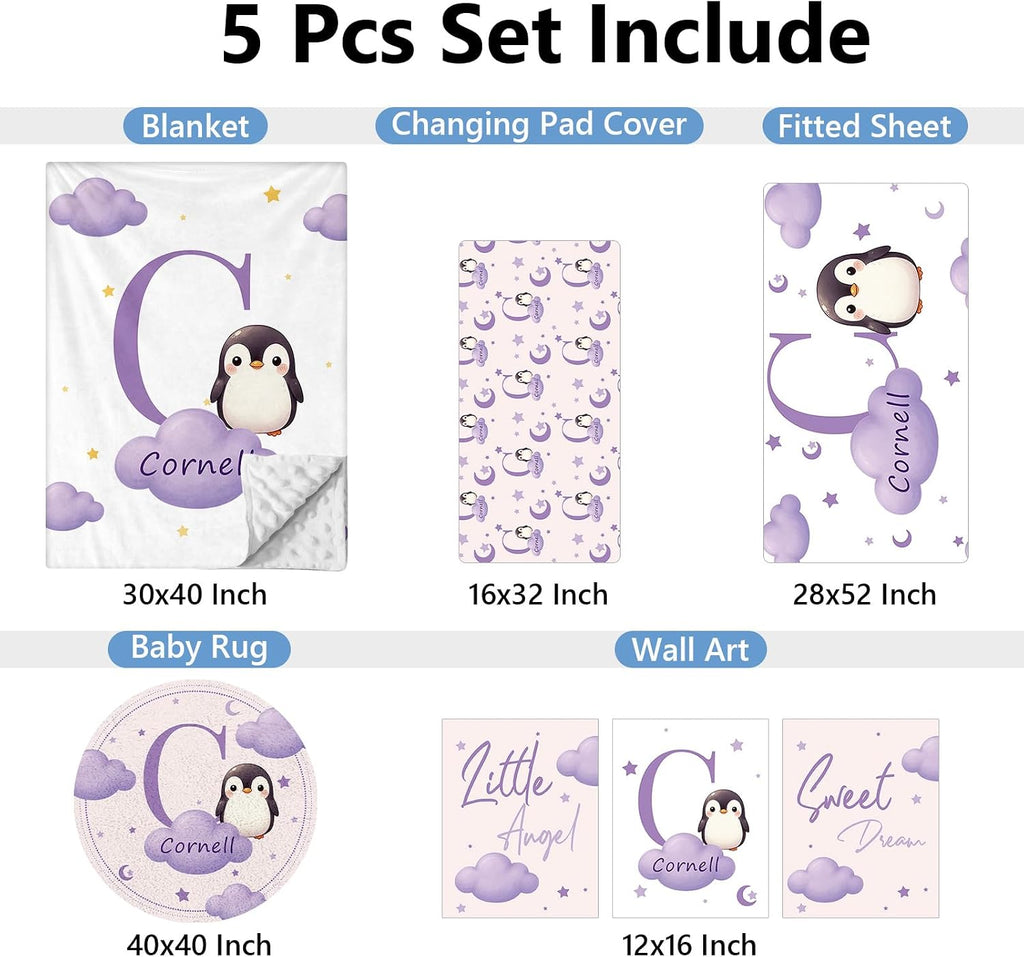 KAINSY Custom Crib Bedding Set, 5 Pcs Personalized Name Monogram Baby Crib Sets for Infants Toddlers, Purple Penguin Nursery Bedding Set for Boys Girls, Double Layer Baby Bedding Sets Customized Gifts