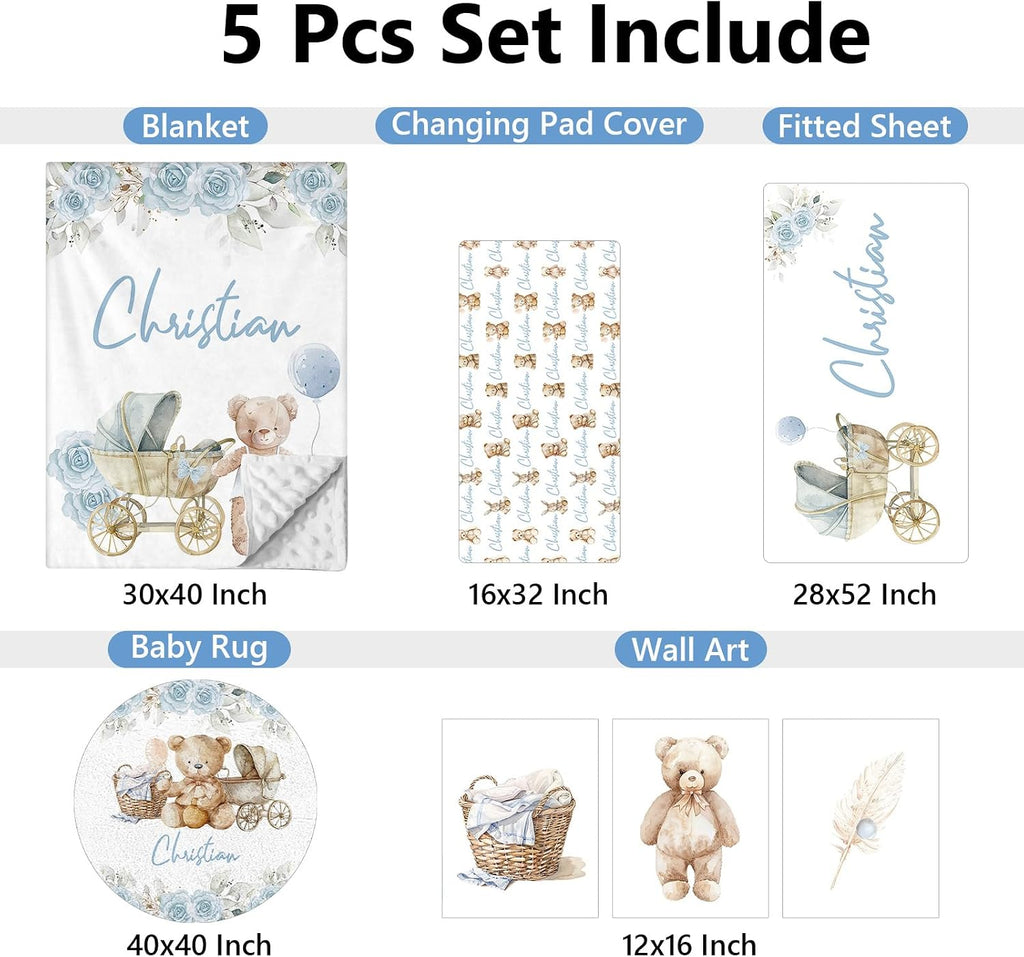 KAINSY Custom Crib Bedding Set 5 Piece for Girls Boys – Personalized Brown Bear Theme, Newborn Sleep Set, Nursery Decor, Toddler Room Essentials, Baby Room Accessories, Baby Gift