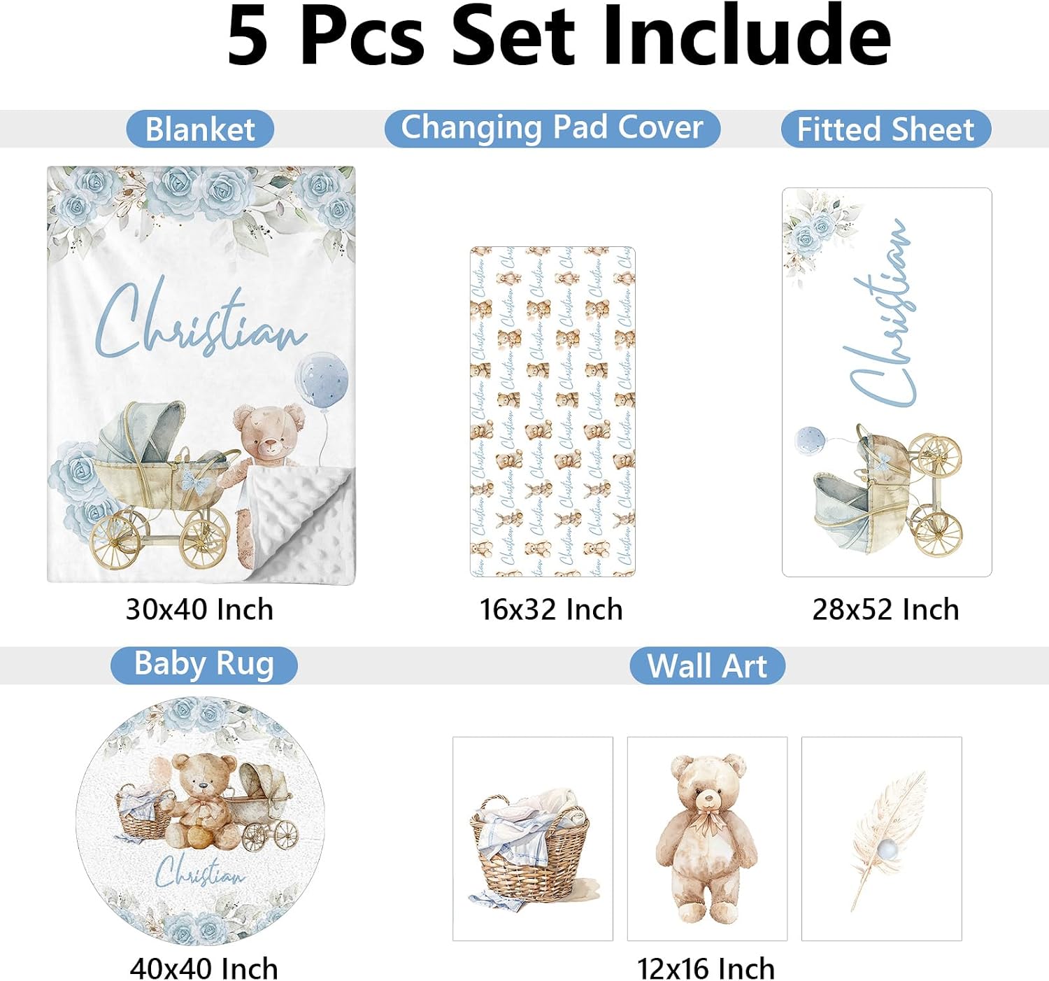KAINSY Custom Crib Bedding Set 5 Piece for Girls Boys – Personalized Brown Bear Theme, Newborn Sleep Set, Nursery Decor, Toddler Room Essentials, Baby Room Accessories, Baby Gift