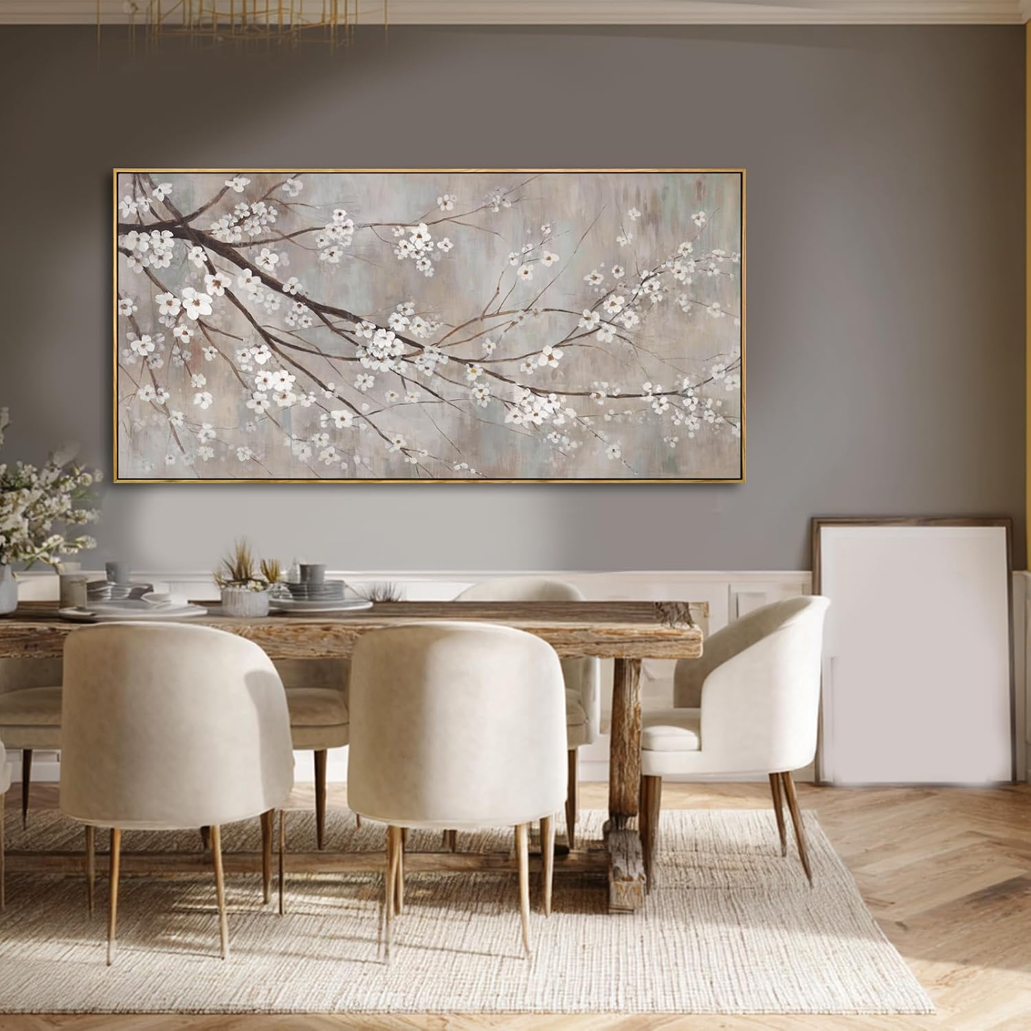 Flowers Wall Art Grey Pictures Wall Painting Large Framed Canvas Art Landscape Artwork for Dining Room Home 29'x 58' Ready to Hang