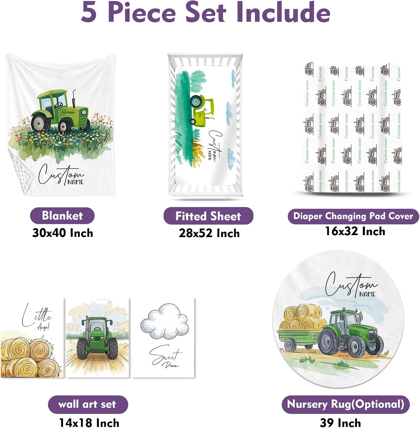 Personalized Crib Bedding Set for Baby Boys, Green Tractor Pattern Custom Name Baby Crib Sets 5-Pcs, Double Layer Baby Blanket Fitted Sheet Changing Pad Cover Rug Wall Art Set