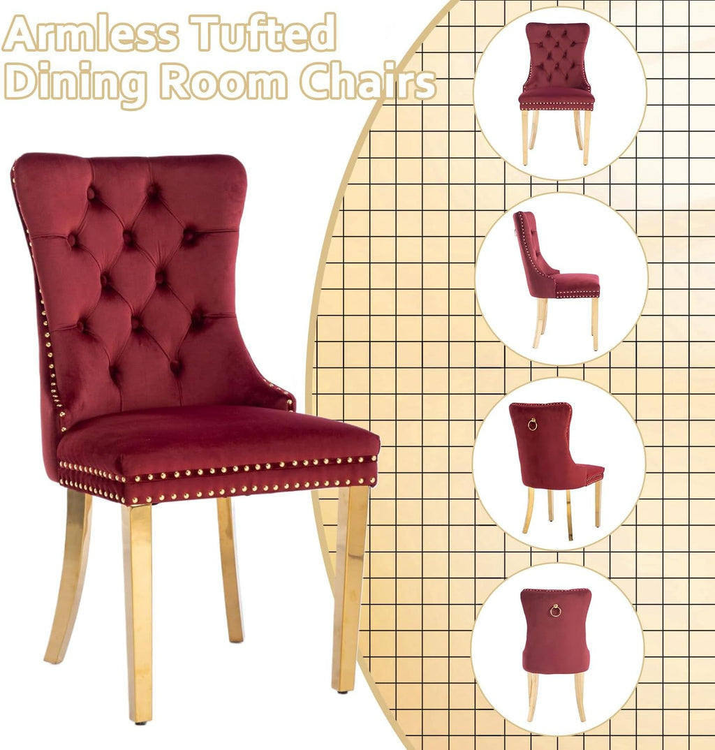 2 Piece Contemporary Velvet Upholstered Dining Chair with Chrome Stainless Steel Plating Legs, Nail Head Decro, Armless Tufted Dining Chair Fabric Dining Room Chair (Dark Red, Set of 2)