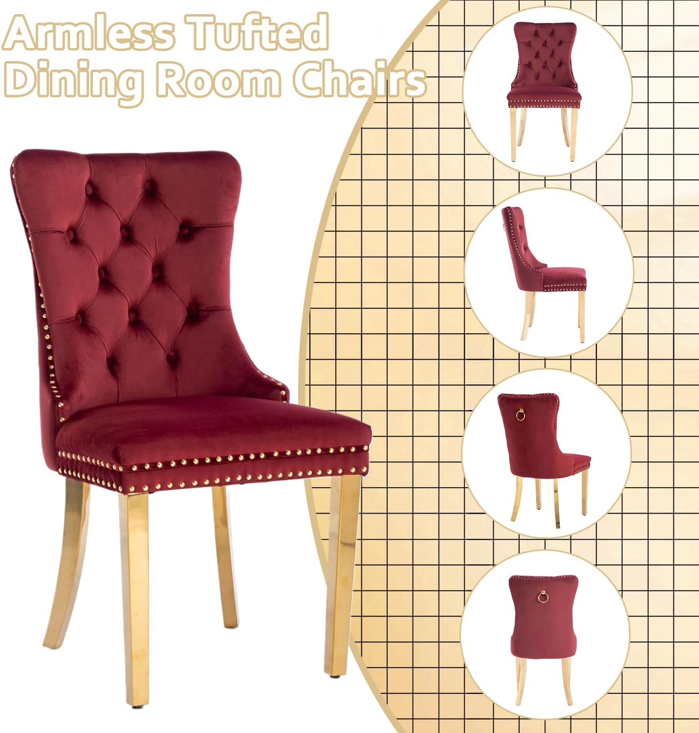 2 Piece Contemporary Velvet Upholstered Dining Chair with Chrome Stainless Steel Plating Legs, Nail Head Decro, Armless Tufted Dining Chair Fabric Dining Room Chair (Dark Red, Set of 2)