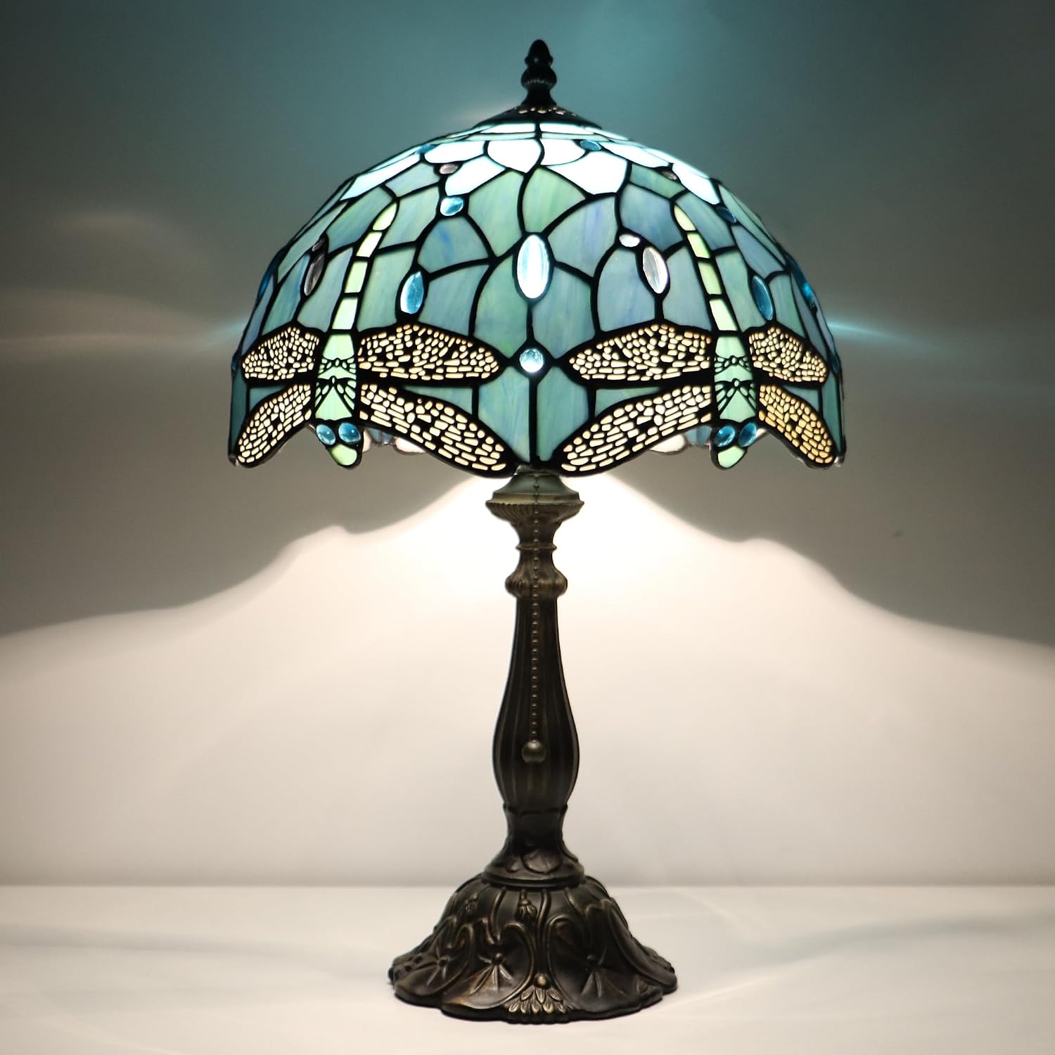 Tiffany Style Lamp Stained Glass Table Lamp Memory Sympathy Desk Reading Light 12X19 Inch (Sea Blue Dragonfly)