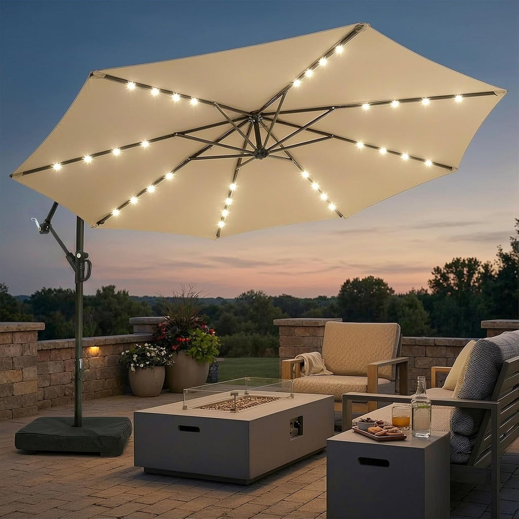 wikiwiki 10ft Solar LED Patio Umbrella with Base Included, Offset Umbrella with Weighted Sandbag Base, Cantilever Patio Umbrellas for Backyard, Garden & Deck, 32 LED Lights & Polyester Shade, Tan