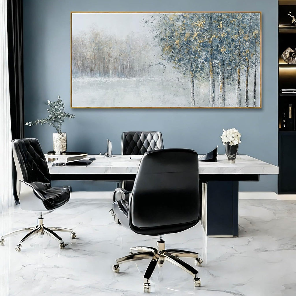 Grey Blue Tree of Life Wall Art 29x58 Inch, Large Framed Canvas Artwork with Wooden Frame, Pictures for Bedroom Wall Decor, Contemporary Forest Painting for Living Room or Hallway