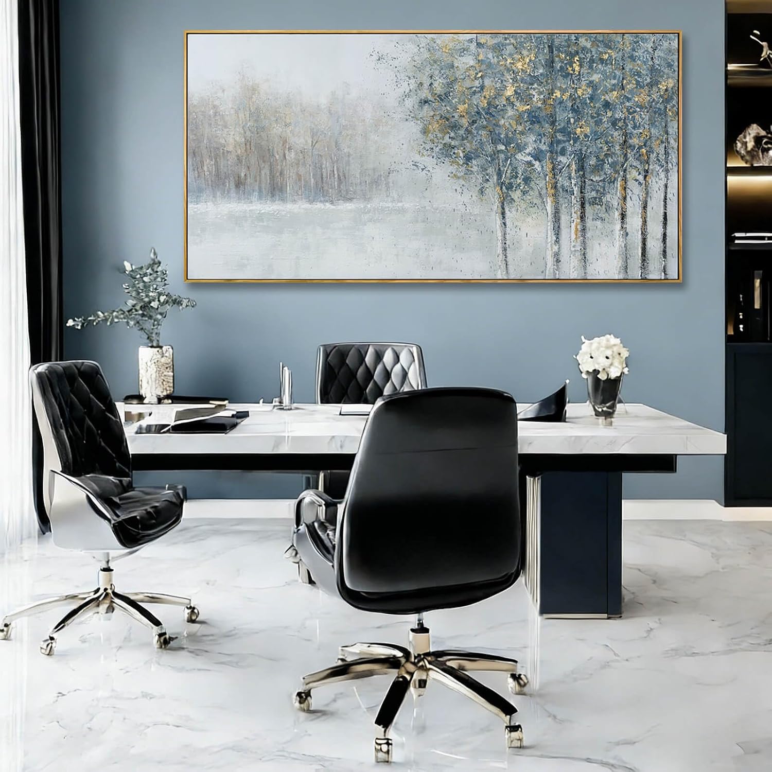 Grey Blue Tree of Life Wall Art 29x58 Inch, Large Framed Canvas Artwork with Wooden Frame, Pictures for Bedroom Wall Decor, Contemporary Forest Painting for Living Room or Hallway