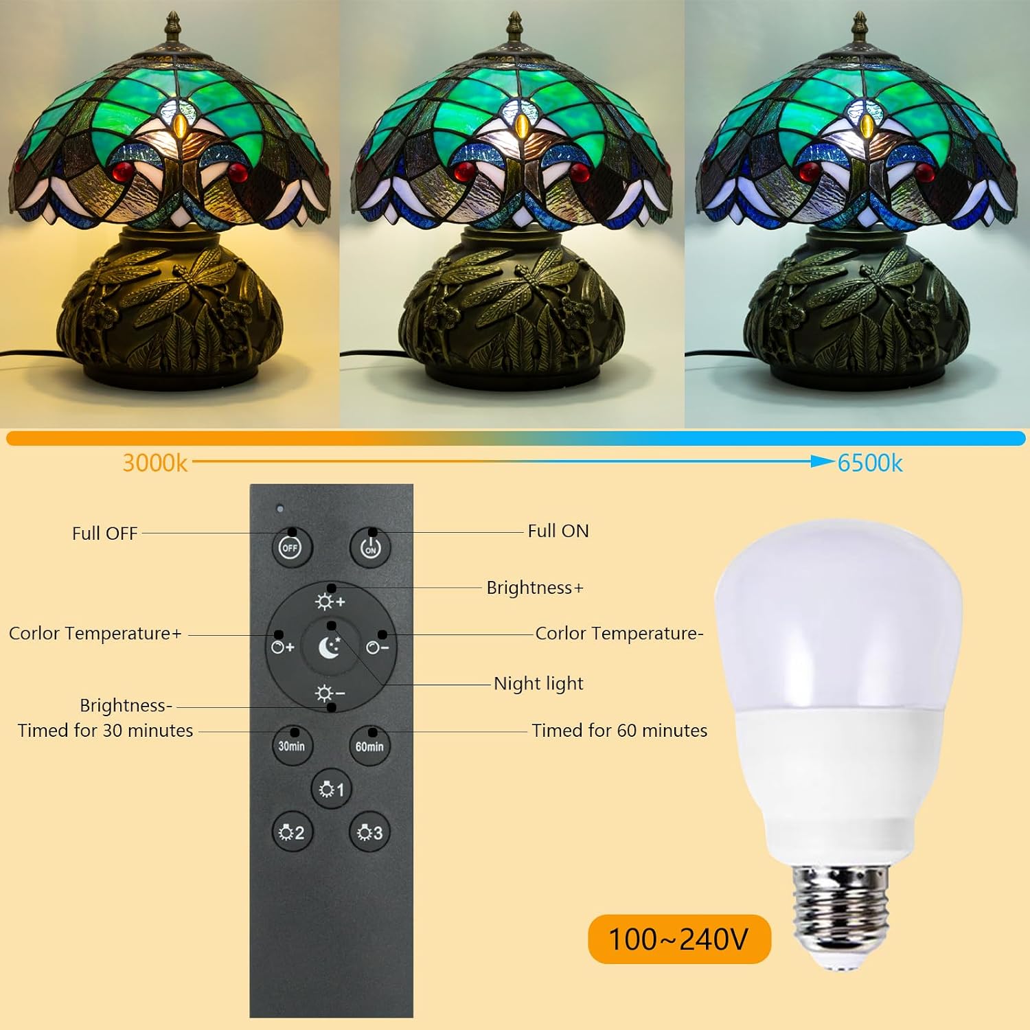 Tiffany Style Table Lamp Dragonfly, Small Stained Glass Lamp for Bedside, Bedroom, Nightstand, Living Room, 12 Inch Mini Vintage Mushroom Desk Lights Included E26 LED with Remote Control