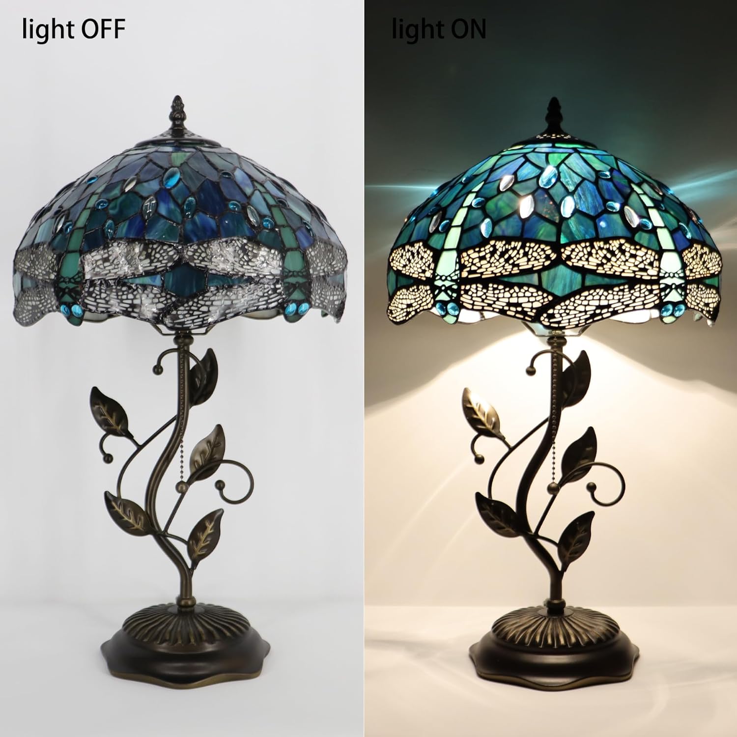 Tiffany Table Lamp, Stained Glass Desk Light, W12H19 Inch, Metal Leaf Base (Dragonfly Style)