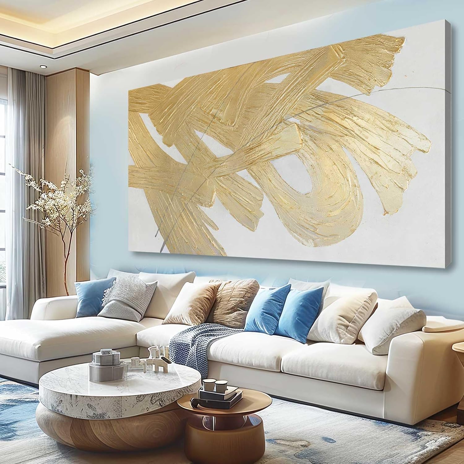 XIANSHOU Wall Decorations for Living Room Gold and White Abstract Canvas Art Oil Painting Large Minimalist Decor Wall Art for Office Bedroom Home 29'x 58'