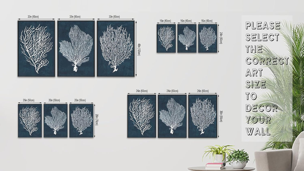 Large Framed Coral Wall Art - Navy Blue Coastal Wall Decor Painting 24'x36' Set of 3 Minimalist Beach Wall Art Prints Rustic Ocean Coral Canvas Pictures for Living Room Bedroom Office Artwork