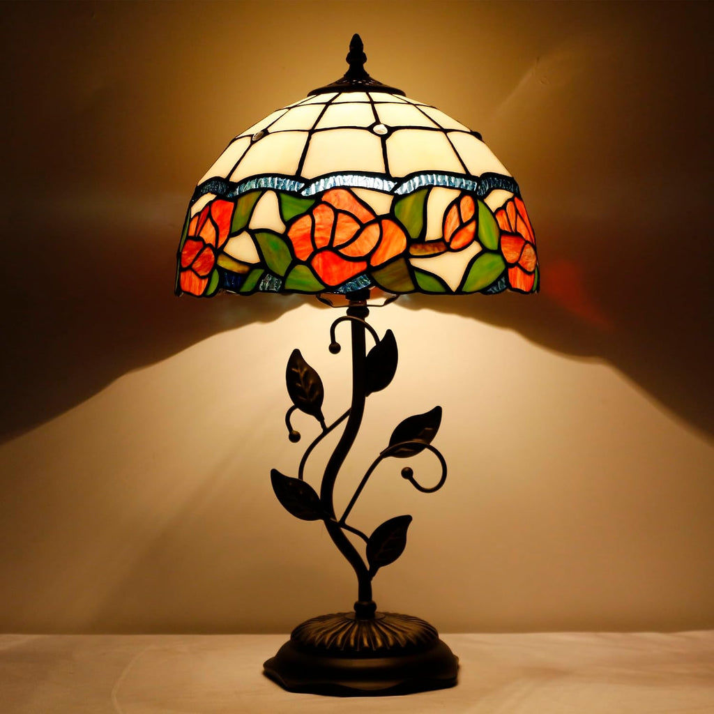 Tiffany Lamp Rose Flower Style Stained Glass Table Lamp Desk Bedside Reading Light 12X12X19 Inches with Metal Leaf Base Decor Bedroom Living Room