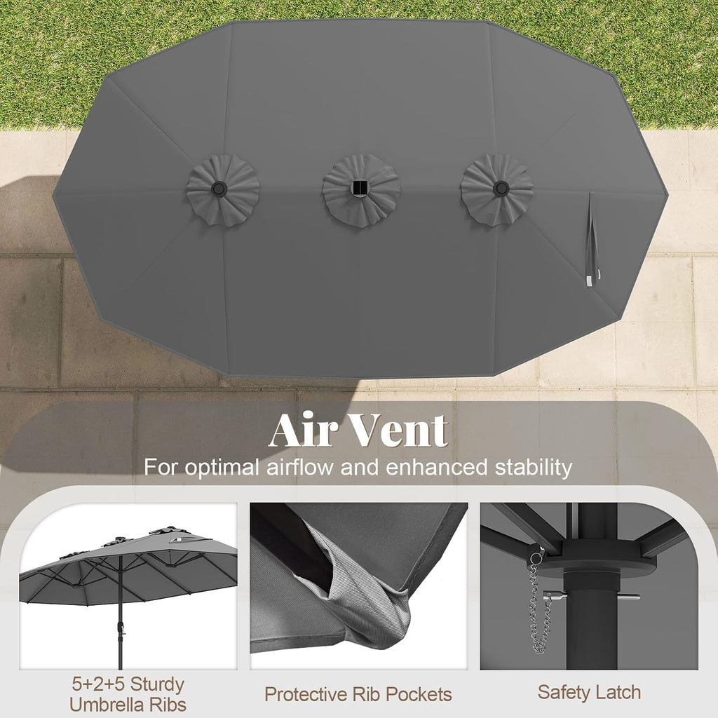 Tangkula 15FT Double-Sided Solar Patio Umbrella, Extra-Large Outdoor Twin Umbrella with 48 LED Lights, Vented Top, Crank Handle, 12 Ribs, Weighted Base Included for Backyard Poolside Deck (Gray)