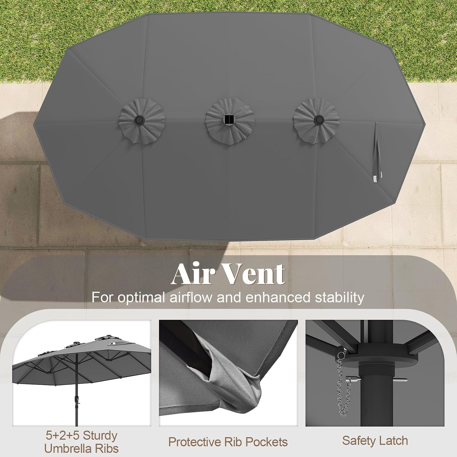 Tangkula 15FT Double-Sided Solar Patio Umbrella, Extra-Large Outdoor Twin Umbrella with 48 LED Lights, Vented Top, Crank Handle, 12 Ribs, Weighted Base Included for Backyard Poolside Deck (Gray)