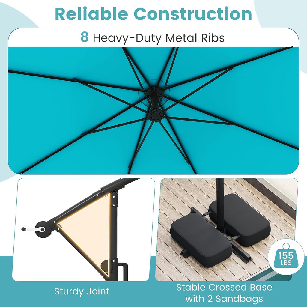 Tangkula 10 FT Solar Patio Umbrella with Base Included, Cantilever Offset Hanging Outdoor Umbrella with 96 Multi-Colored Flowing LED Lights, 9 Modes, Tilt Adjustment, 360° Rotation, Crank for Pool Yard Deck Lawn (Turquoise)