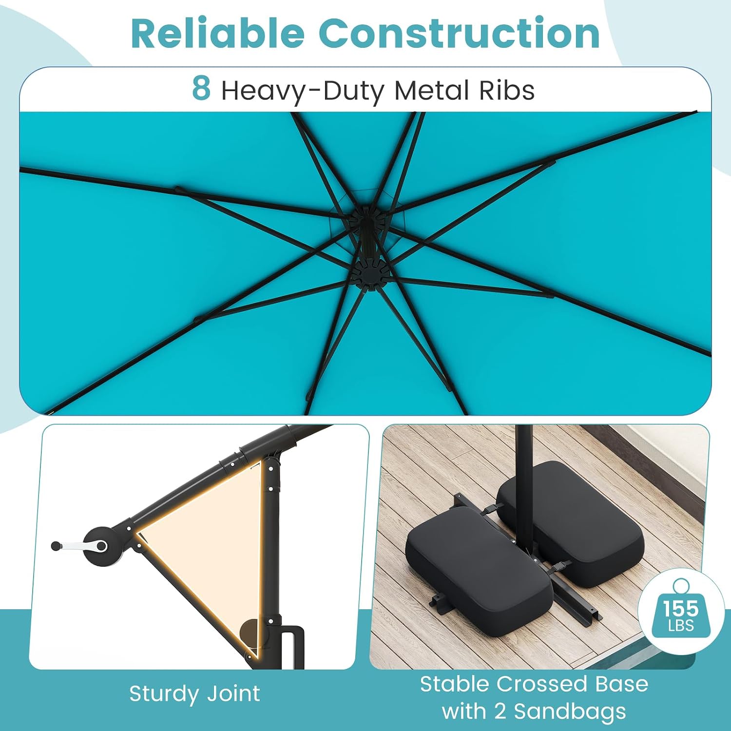 Tangkula 10 FT Solar Patio Umbrella with Base Included, Cantilever Offset Hanging Outdoor Umbrella with 96 Multi-Colored Flowing LED Lights, 9 Modes, Tilt Adjustment, 360° Rotation, Crank for Pool Yard Deck Lawn (Turquoise)